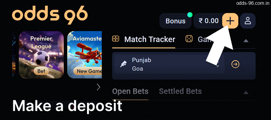Make your deposit on the Odds96 website