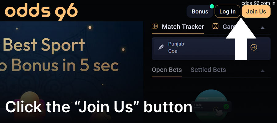 Start the Odds96 registration process by selecting the "Join Us" option