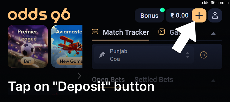 Tap on "Deposit" button on the Odds96 website