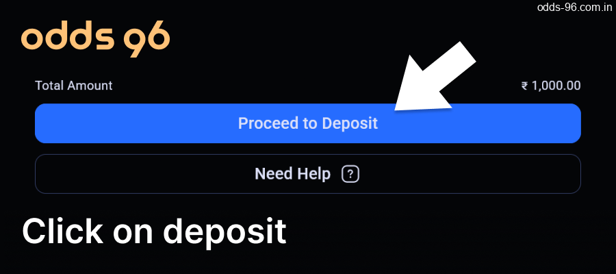 Click the "Deposit" button to deposit funds into your Odds96 account