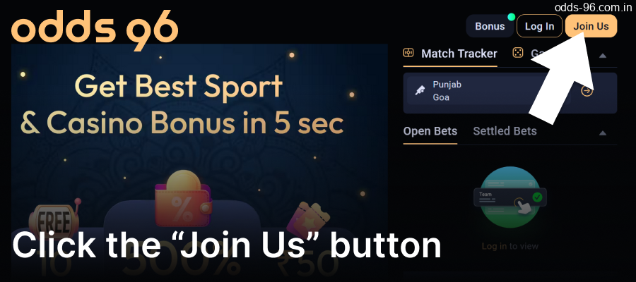Click the green "Join Us" button in the top right corner of the Odds96 website